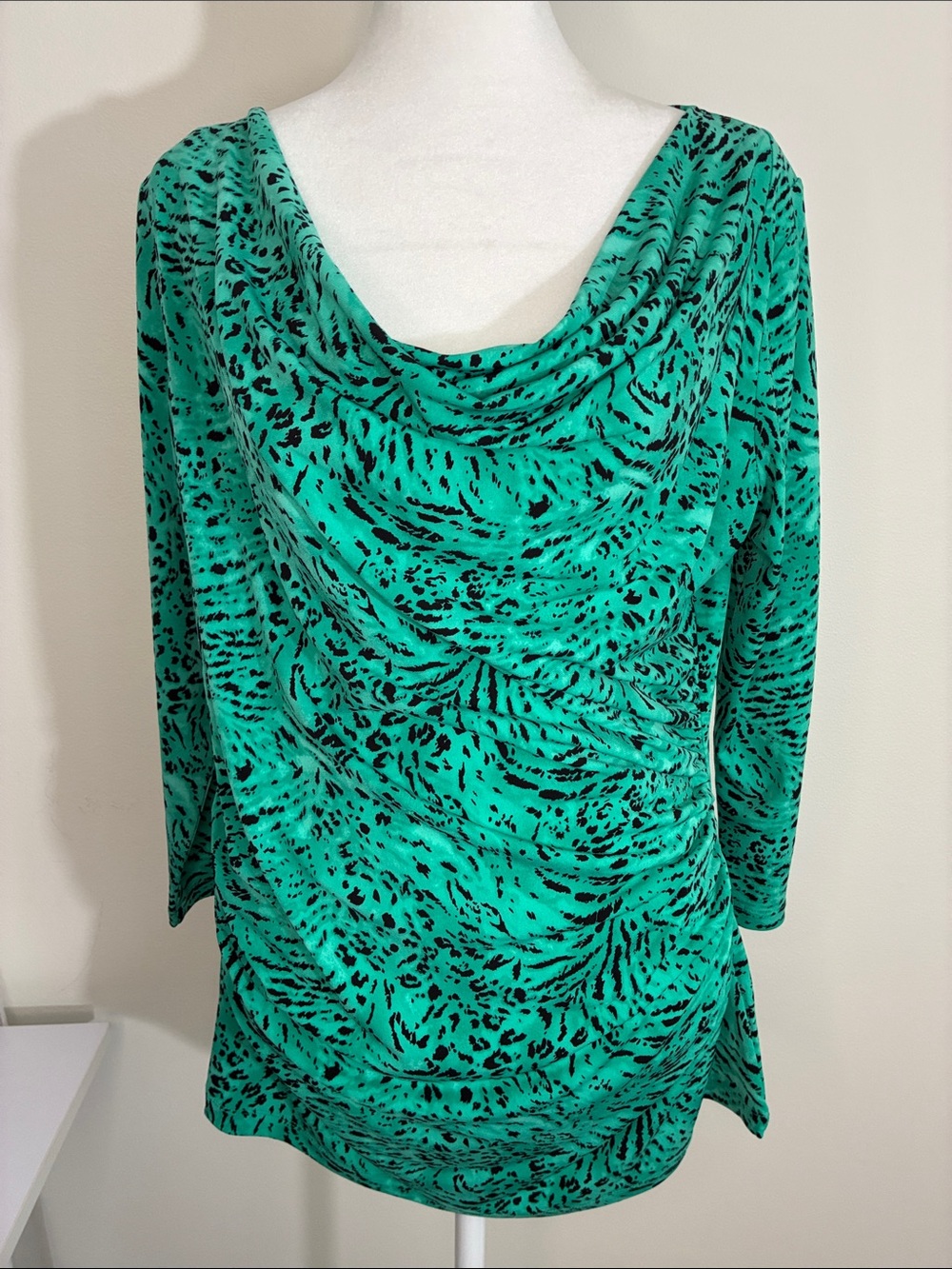 Chaus Cowl Neck Top - Green Animal Print L